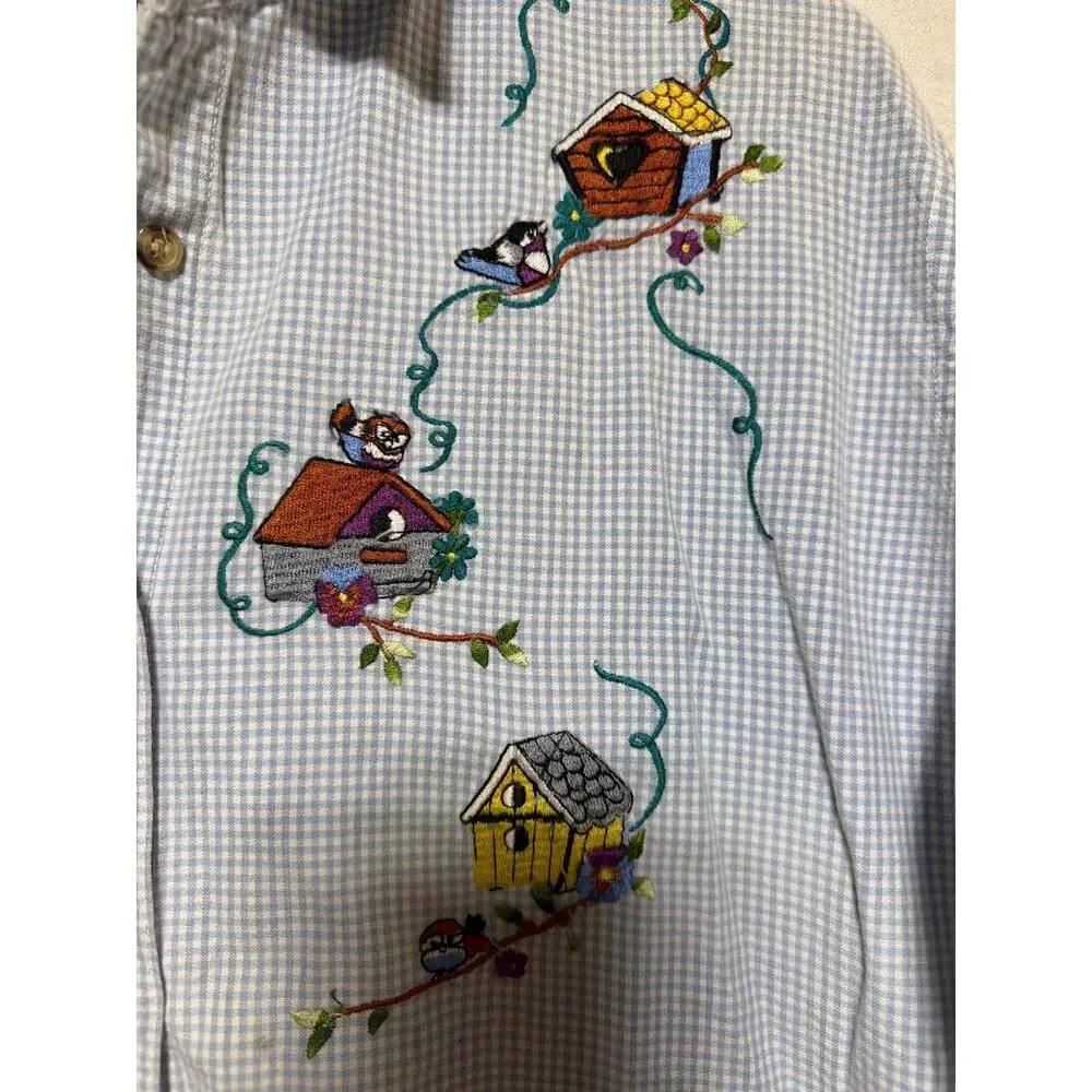 VTG Button Up 18W Blue Purple Gingham Birdhouse Birds Embroidered Cabin Creek